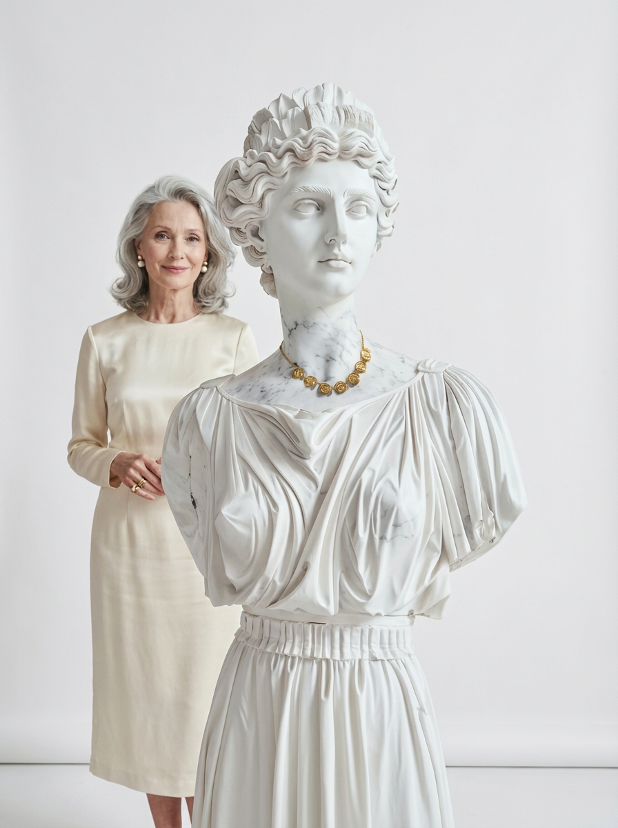 Woman beside a marble sculpture wearing statement jewelry