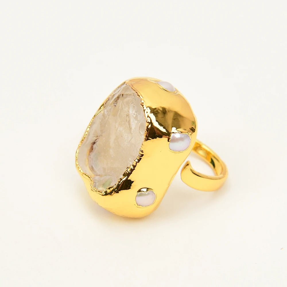GlacierGleam Natural Pearl Crystal Open Ring - Voisson