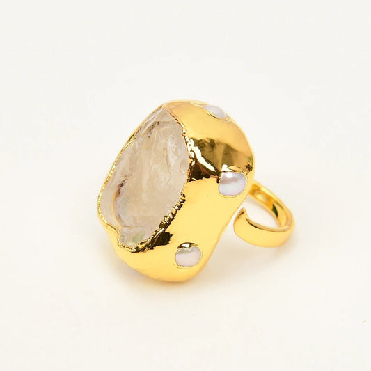 GlacierGleam Natural Pearl Crystal Open Ring - Voisson