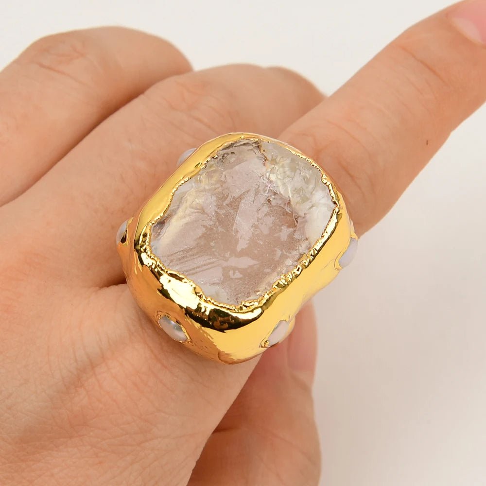 GlacierGleam Natural Pearl Crystal Open Ring - Voisson