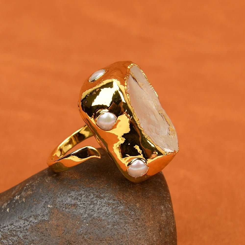 GlacierGleam Natural Pearl Crystal Open Ring - Voisson