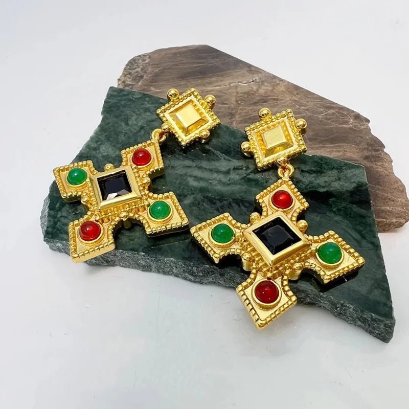 Theodora’s Treasure Retro Cross Crystal Earrings - Voisson