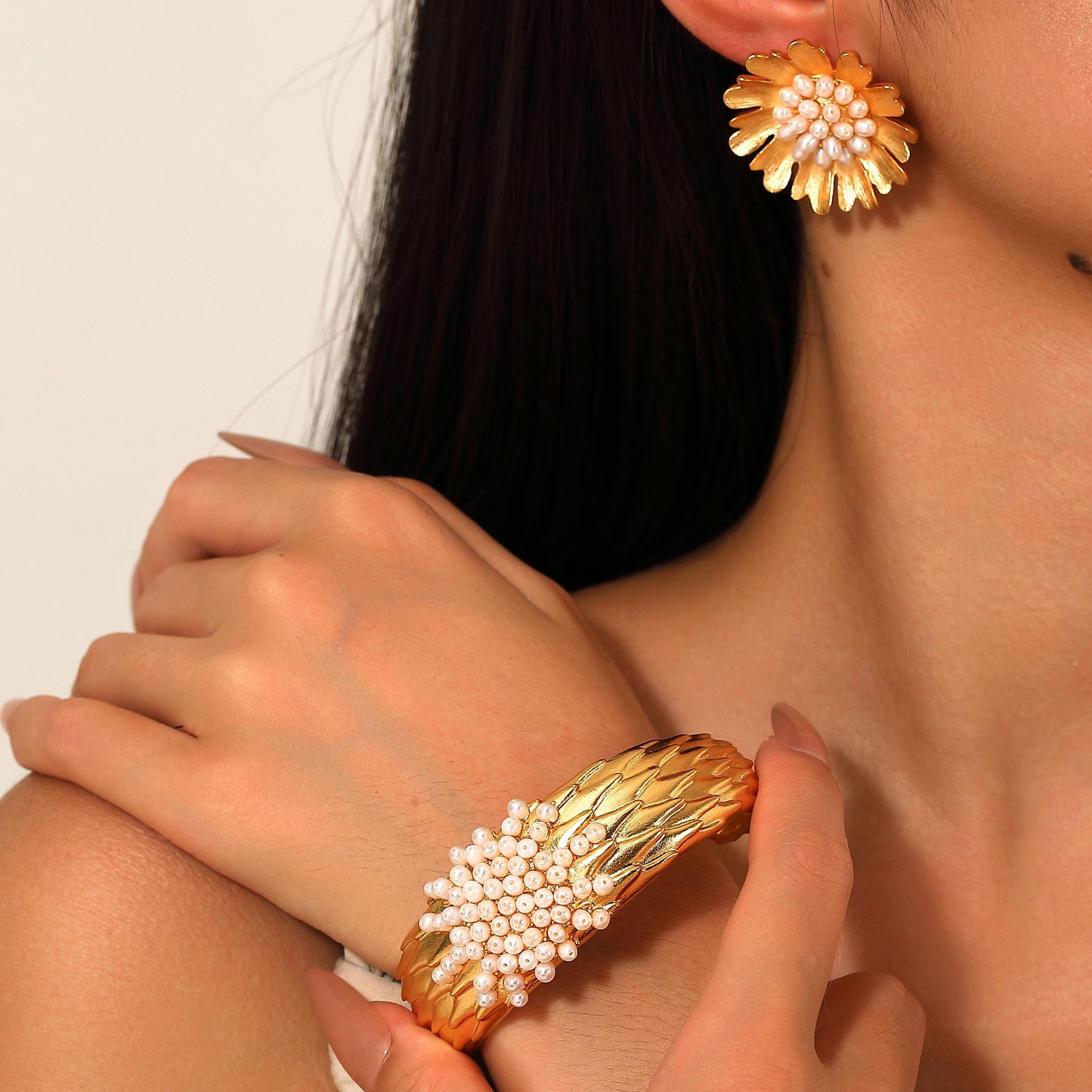 Golden Feather Pearl Cuff