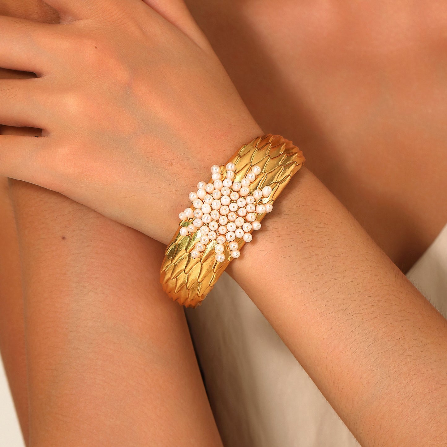 Golden Feather Pearl Cuff