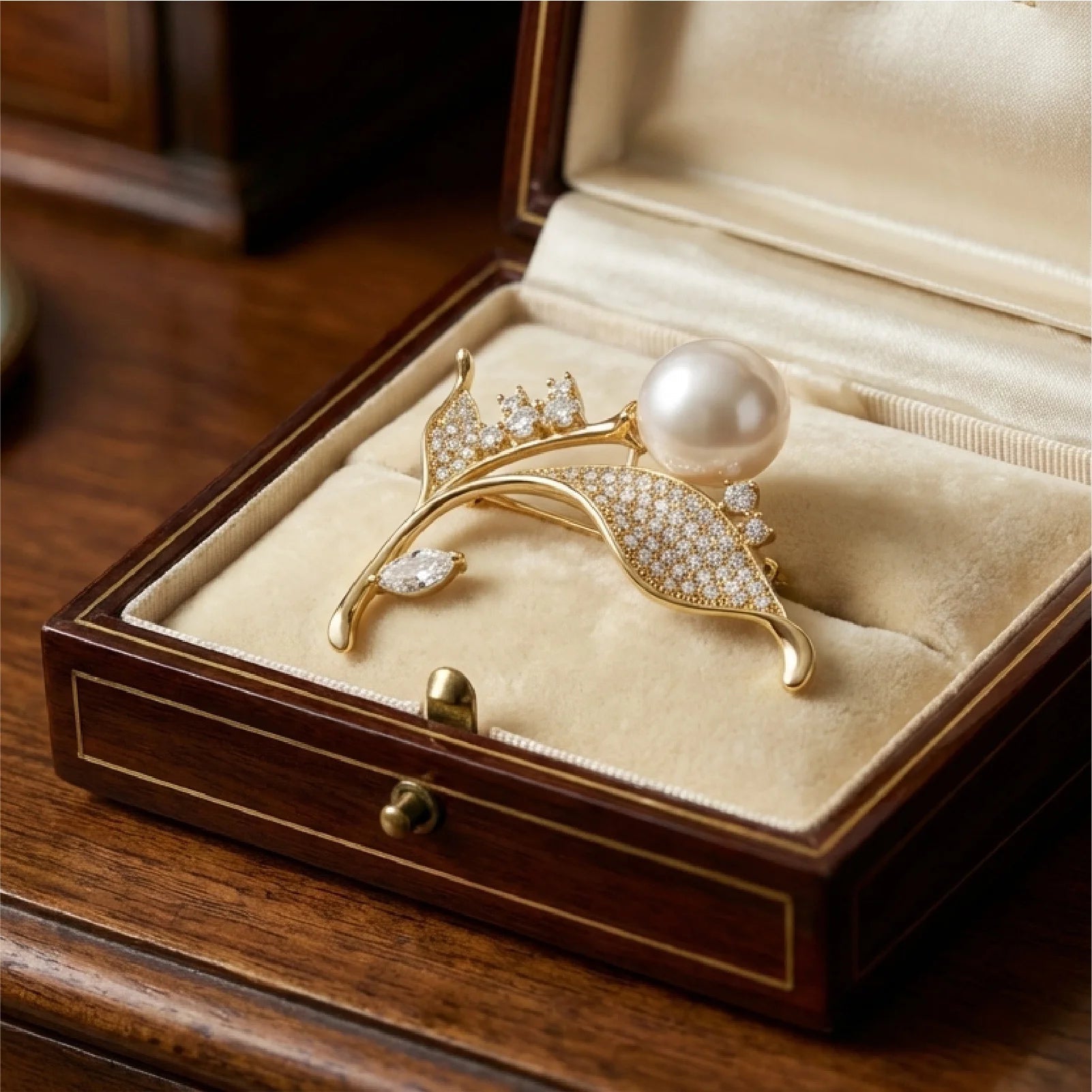 Crystal Leaf Pearl Brooch - Voisson