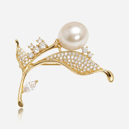 Crystal Leaf Pearl Brooch - Voisson