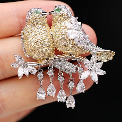 Crystal Lovebirds Brooch - Voisson