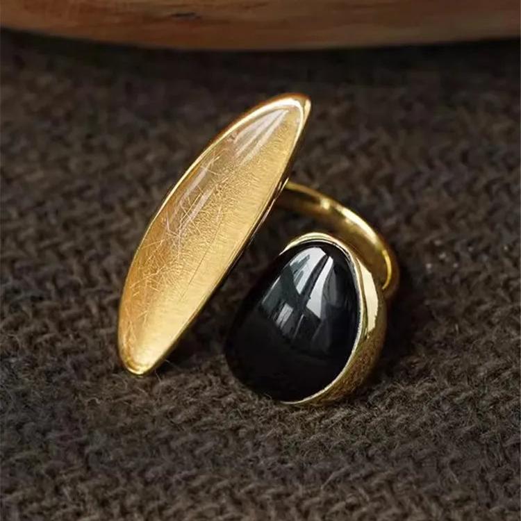 Octavia’s Opulence Natural Agate Vintage Open Ring - Voisson