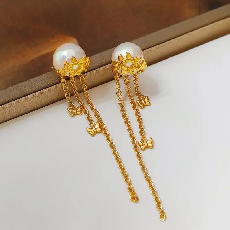 OutlierOrbit Butterfly Pearl Tassel Earrings - Voisson