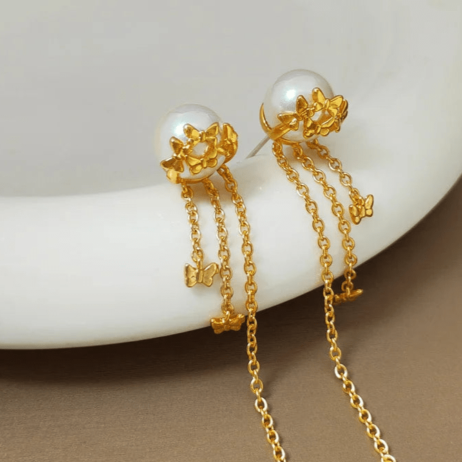 OutlierOrbit Butterfly Pearl Tassel Earrings - Voisson