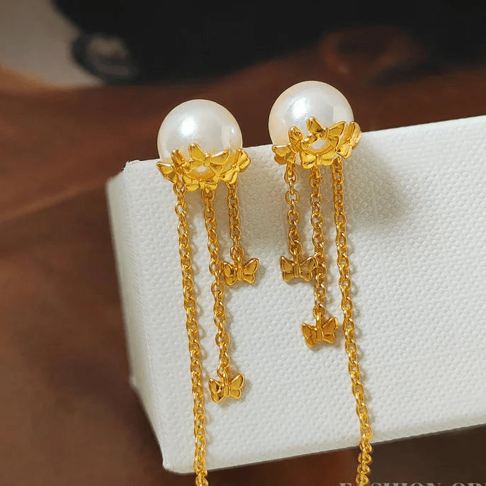 OutlierOrbit Butterfly Pearl Tassel Earrings - Voisson