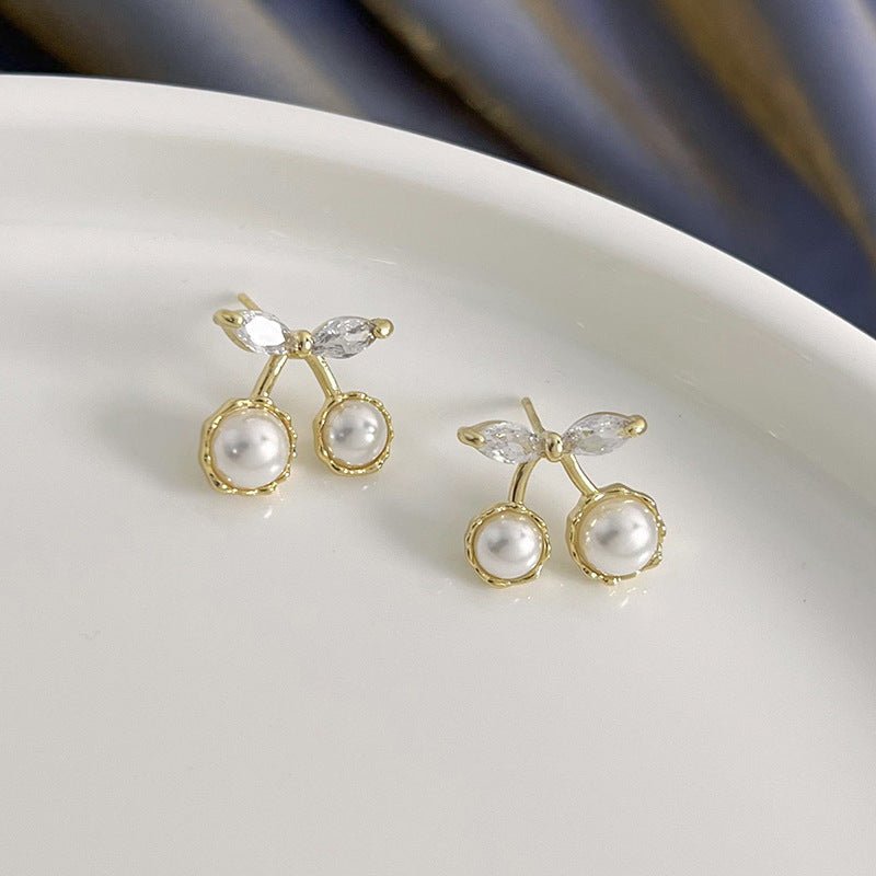 WhisperCherry Zircon Pearl Stud Earrings - Voisson